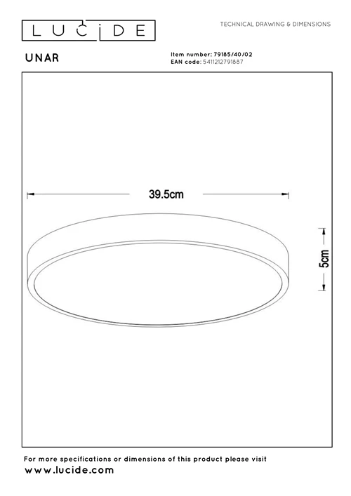 Lucide UNAR - Deckenleuchte - Ø 39,5 cm - LED 3 StepDim - 1x24W 2700K - Mattes Gold / Messing - technisch